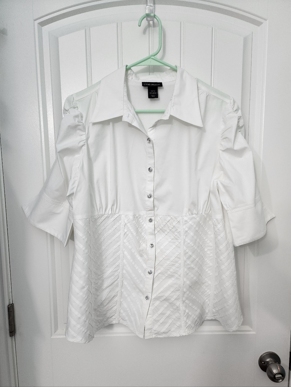 Lane Bryant White Rhinestone Button-Front Puff Sleeve Blouse, Size 14/16